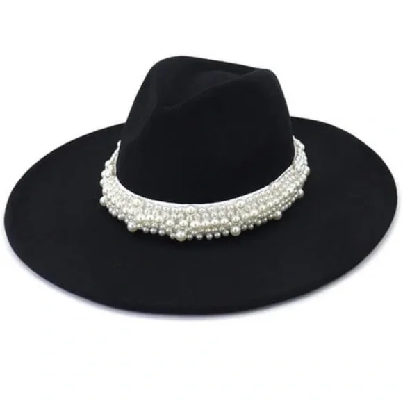Pearl Rimmed Wool Fedora - NWT Wide Brim Fedora Hats With Pearls – Fabuluxe Boutique main image 4